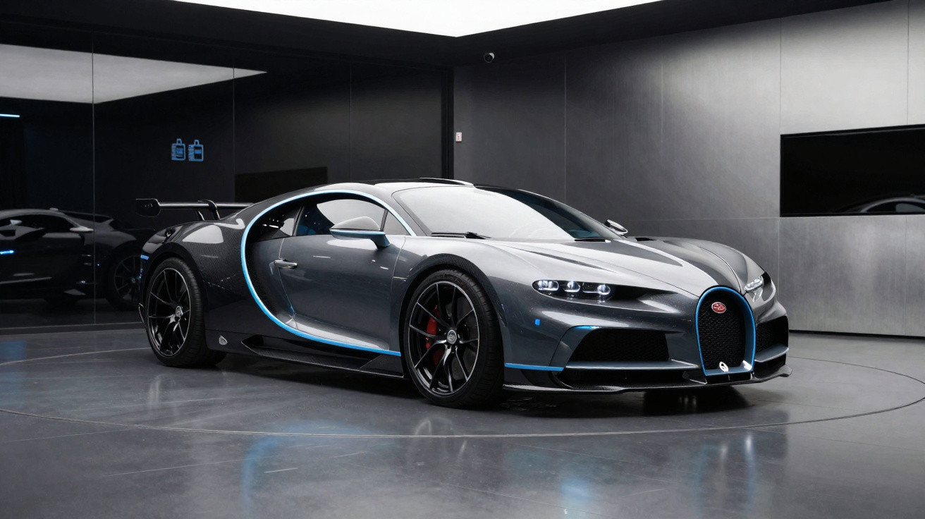 Bugatti Chiron Sport in Grau mit blauen Akzenten in einem modernen, minimalistischen Showroom.