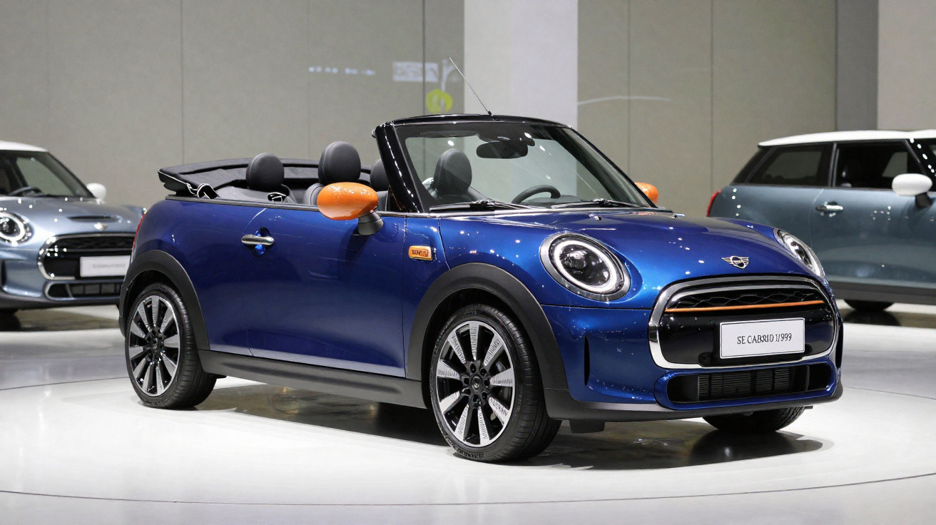 Blaues Mini Cabrio mit offenem Verdeck auf Autoshow, moderner kompakter Stadtwagen mit markanten Scheinwerfern.