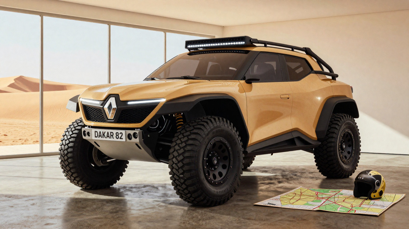 Beiges Renault Concept-SUV mit großen Offroad-Reifen und Dachleuchte in hellem Raum mit Wüstenblick.