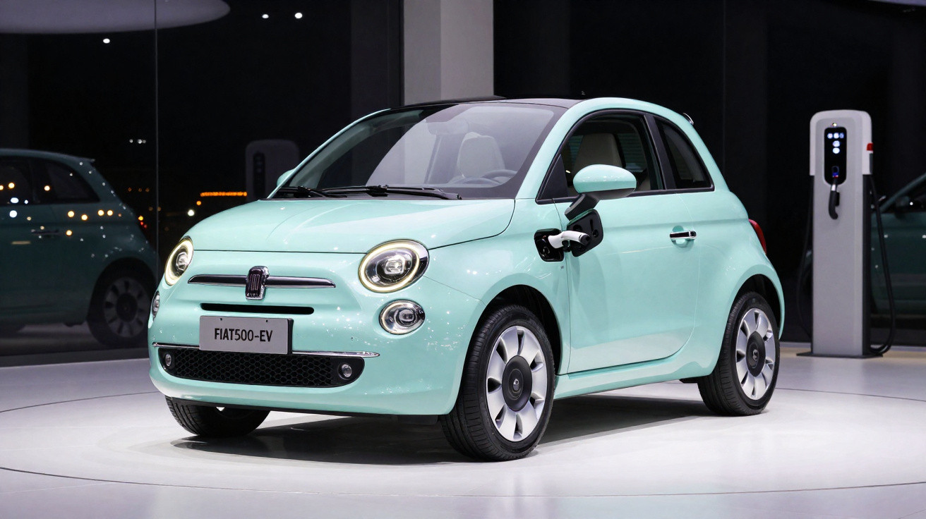 Hellblauer Fiat 500 Elektro-Kleinwagen an Ladestation in modernem, hellem Innenraum.