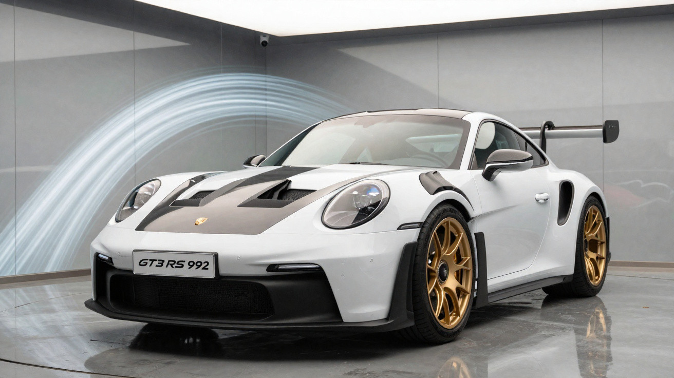 Weißer Porsche GT3 RS 992 mit goldenen Felgen in hellem Ausstellungsraum vor grauer Wand.