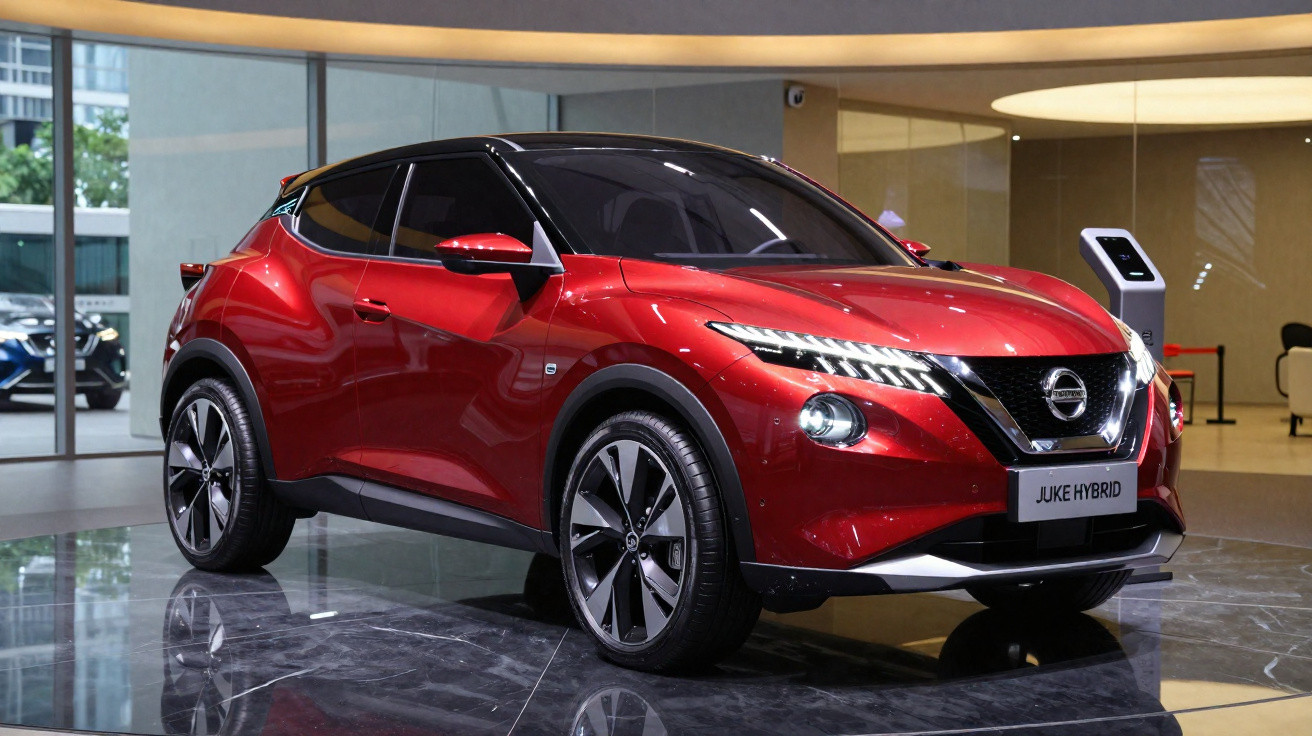 Roter Nissan Juke Hybrid SUV steht in modernem Ausstellungsraum auf spiegelndem Boden.
