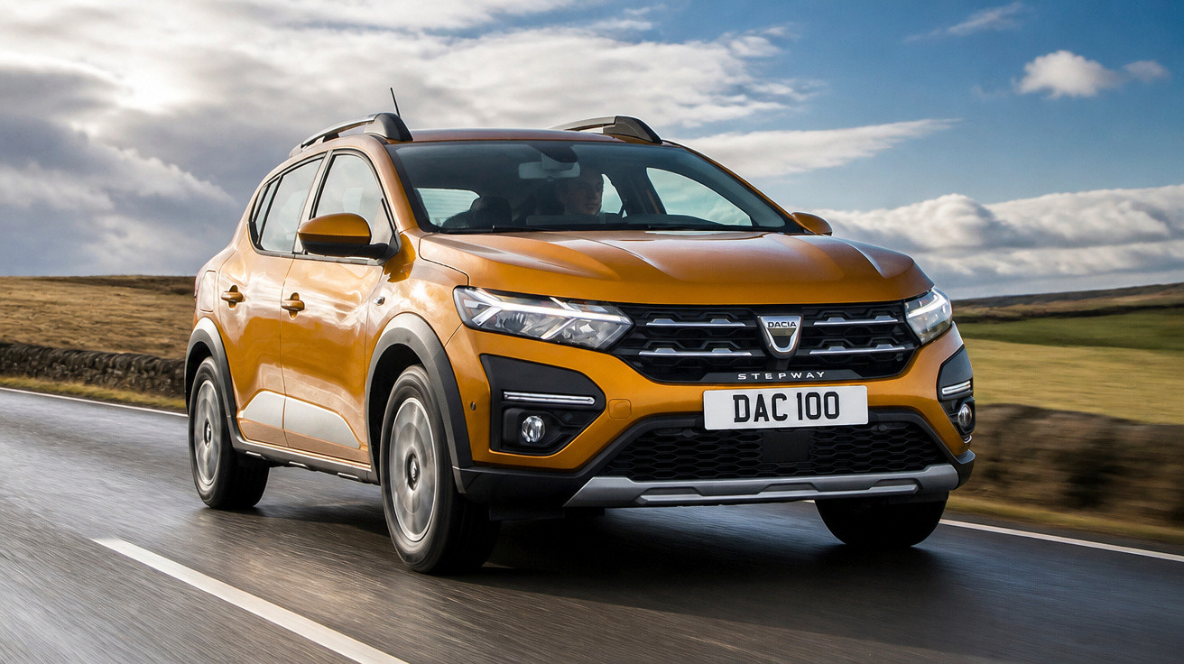 Orangefarbener Dacia Stepway SUV fährt auf Landstraße unter bewölktem Himmel in ländlicher Umgebung.