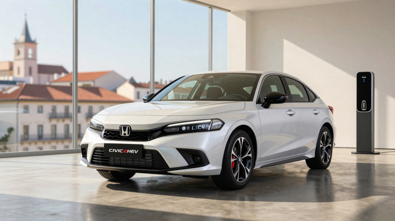 Weißer Honda Civic e:HEV Hybrid in modernem Showroom mit großer Fensterfront und Ladestation im Hintergrund.