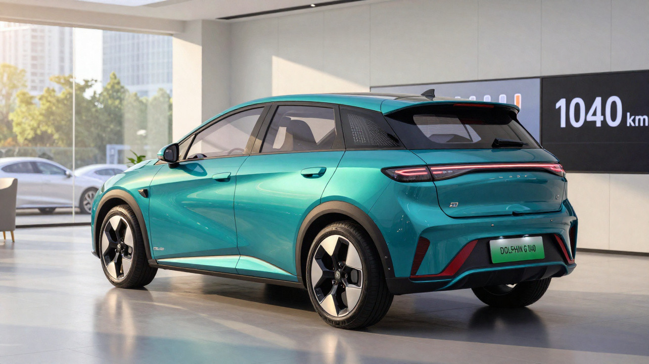Grüner elektrischer SUV im Showroom, seitliche und hintere Ansicht, modernes Design mit LED-Rücklichtern.