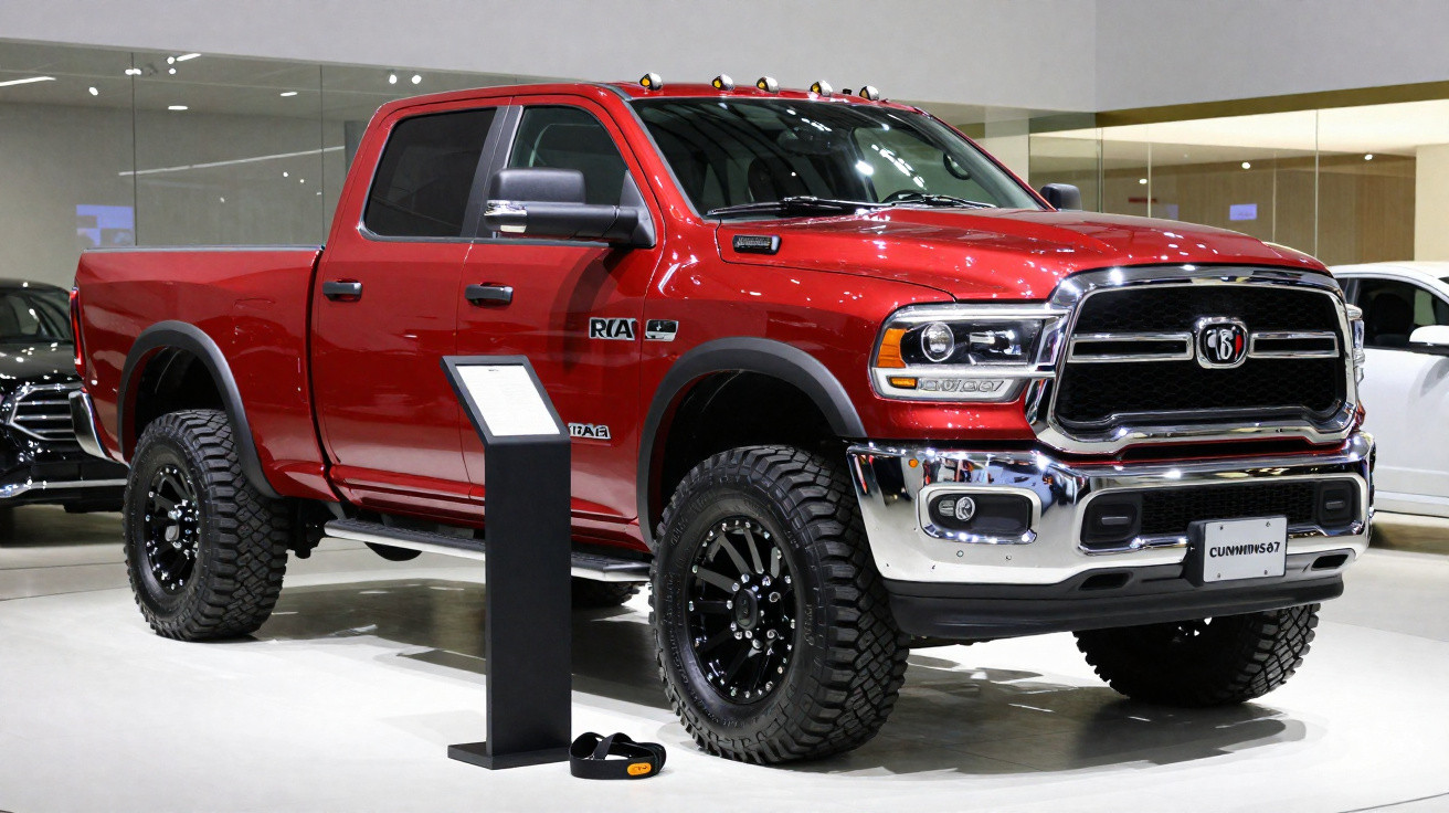 Roter Dodge Ram Pickup mit großen Reifen steht in einem hellen Ausstellungsraum.