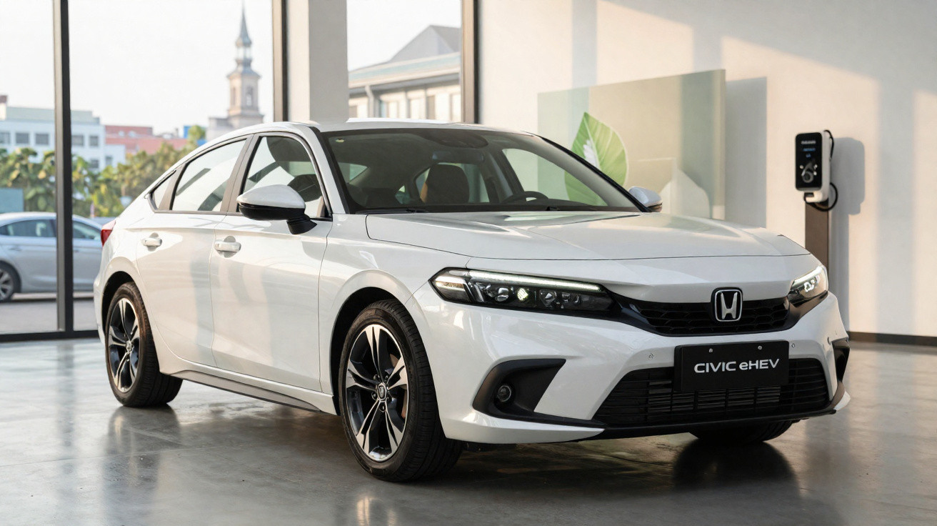 Weißer Honda Civic e:HEV steht in modernem Raum neben Ladestation vor großen Fenstern.