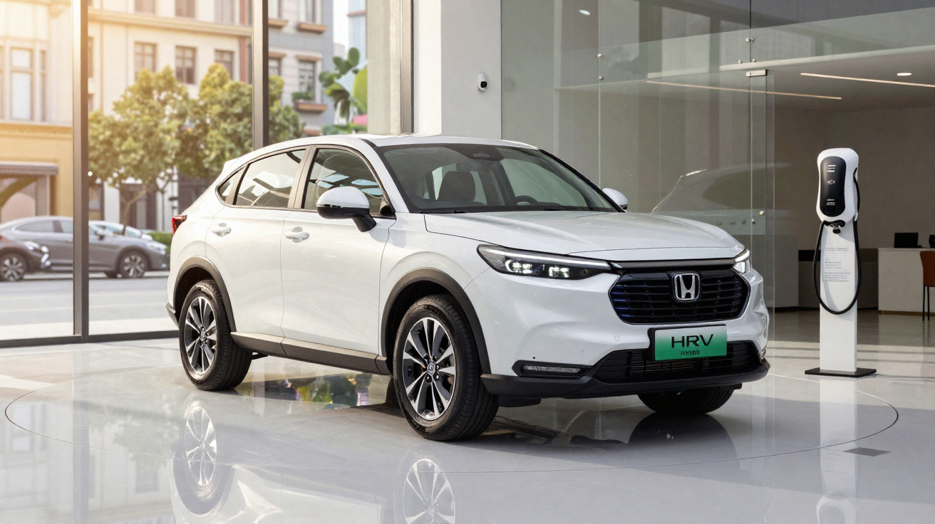 Weißes Honda HR-V Elektroauto in modernem Showroom neben Ladestation.