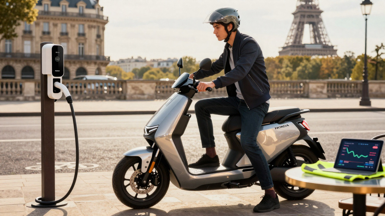 Mann mit Helm sitzt auf elektrischem Honda-Roller an Ladestation nahe Eiffelturm in Paris.