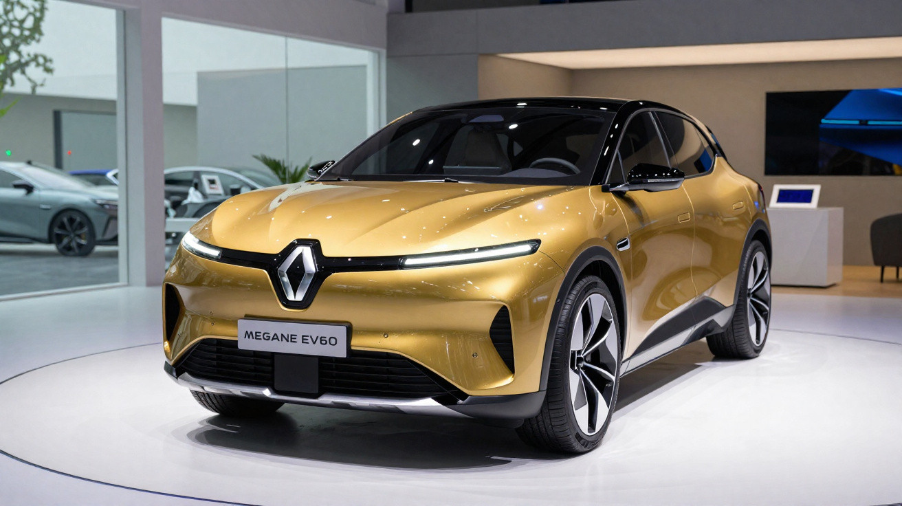 Goldener Renault Megane EV60 Elektro-SUV in modernem Showroom mit elegantem Design und LED-Scheinwerfern.