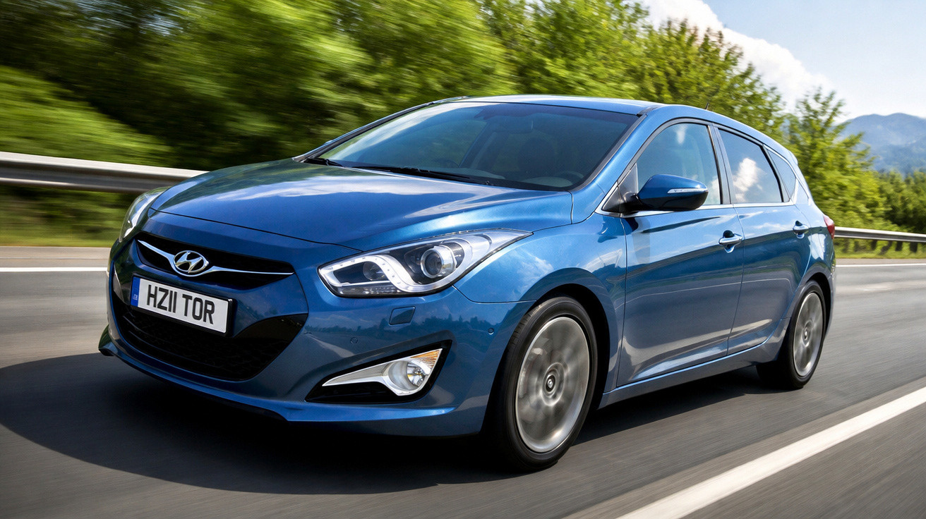 Blauer Hyundai Kompaktwagen fährt auf einer Straße mit grüner Landschaft im Hintergrund.