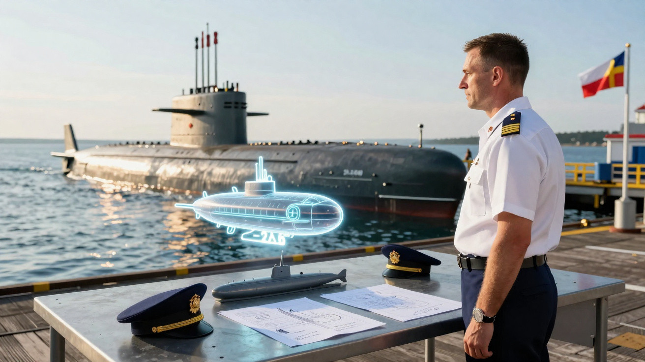 Marineoffizier steht am Pier vor U-Boot mit Hologramm und Modell des U-Boots auf einem Tisch.