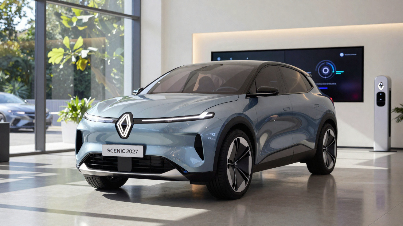 Blau lackierter Renault Scenic 2027 Elektro-SUV im Ausstellungsraum vor Ladestation und Bildschirm.