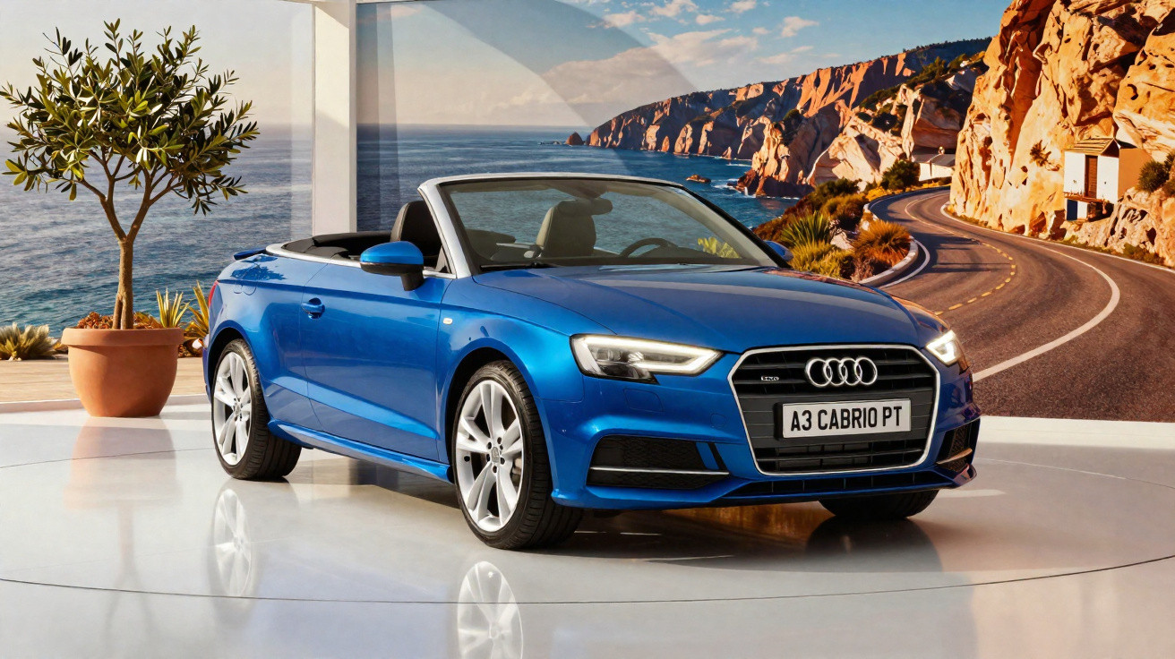 Blauer Audi A3 Cabrio vor Wandbild mit Küstenstraße und Meer, darüber heller Himmel.