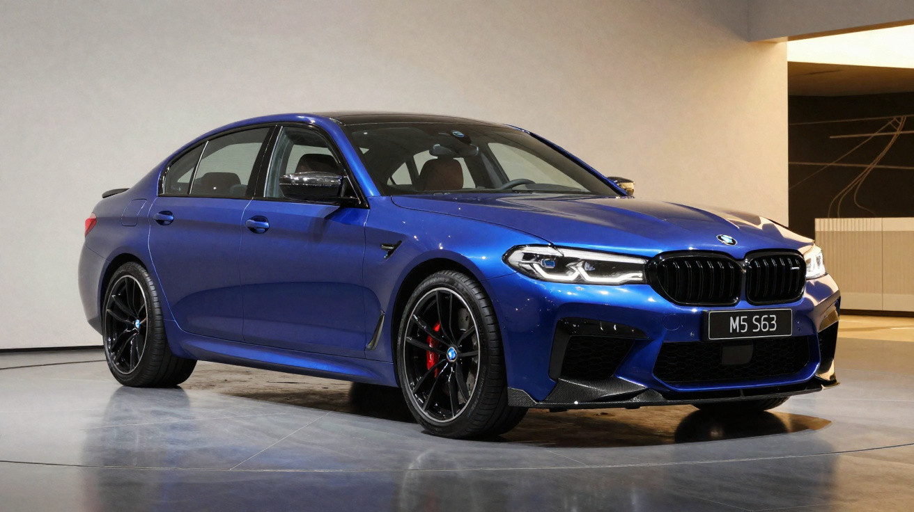 Blauer BMW M5 S63 Sportwagen mit schwarzem Kühlergrill und schwarzen Felgen in modernem Ausstellungsraum.