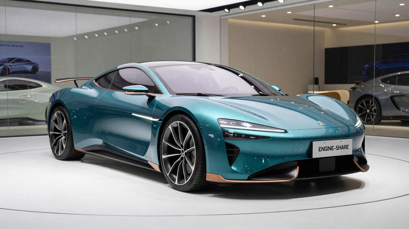Türkisfarbener Elektro-Sportwagen im Ausstellungsraum mit modernen Scheinwerfern und eleganten Linien.