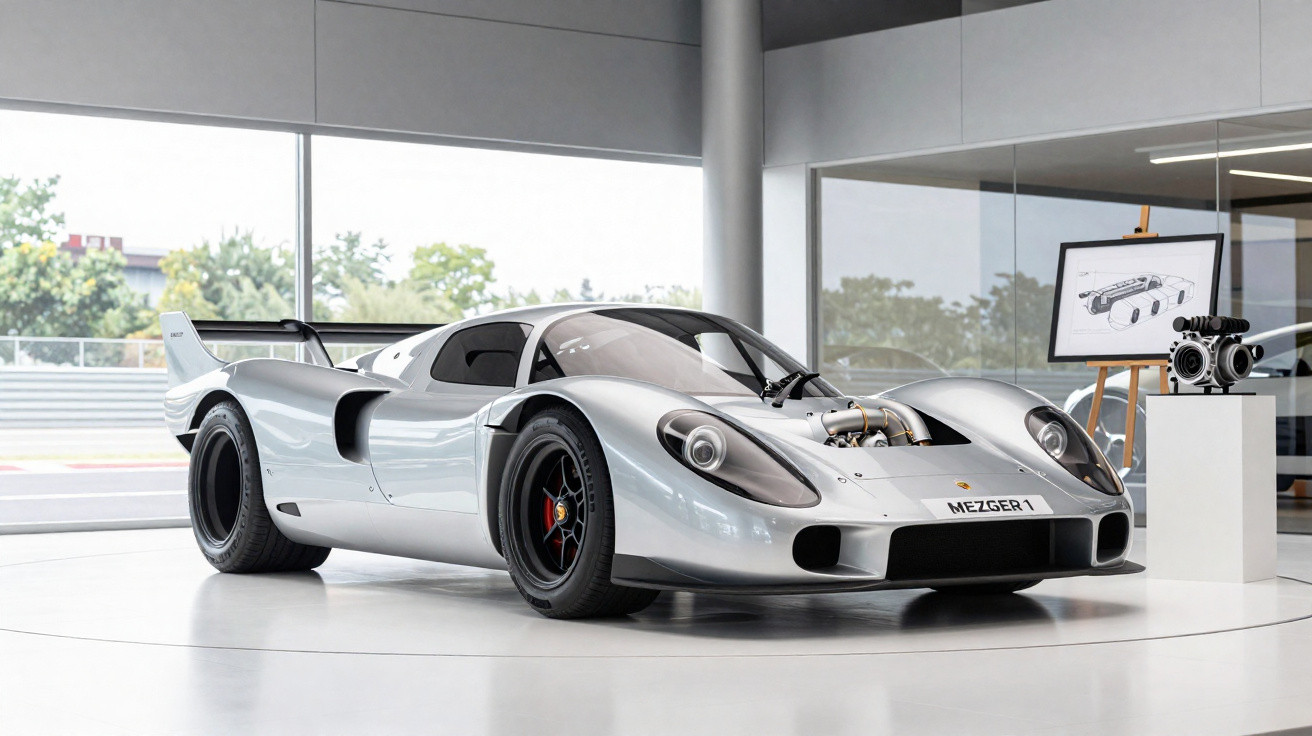 Silberner Porsche 962 Rennsportwagen mit offenem Motorraum in modernem Ausstellungsraum.