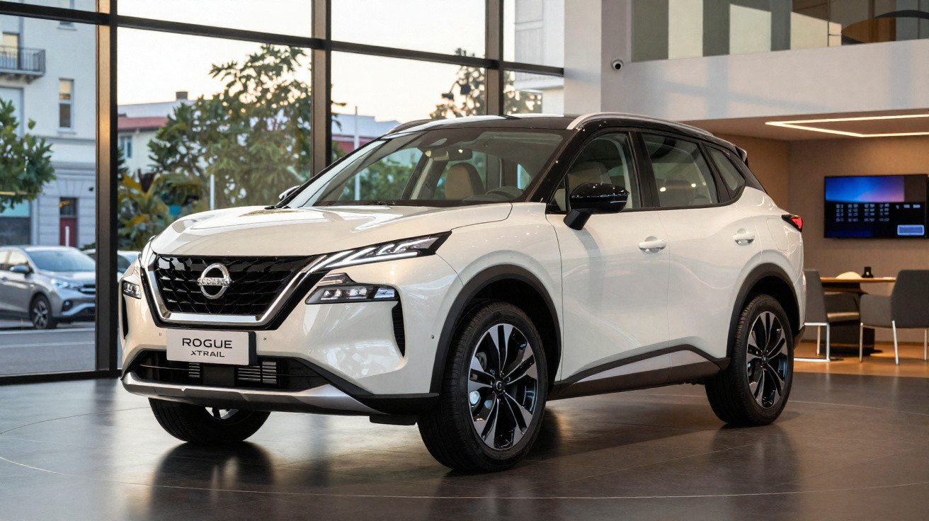 Weißer Nissan Rogue X-Trail SUV in modernem Autohaus mit großem Panoramafenster.