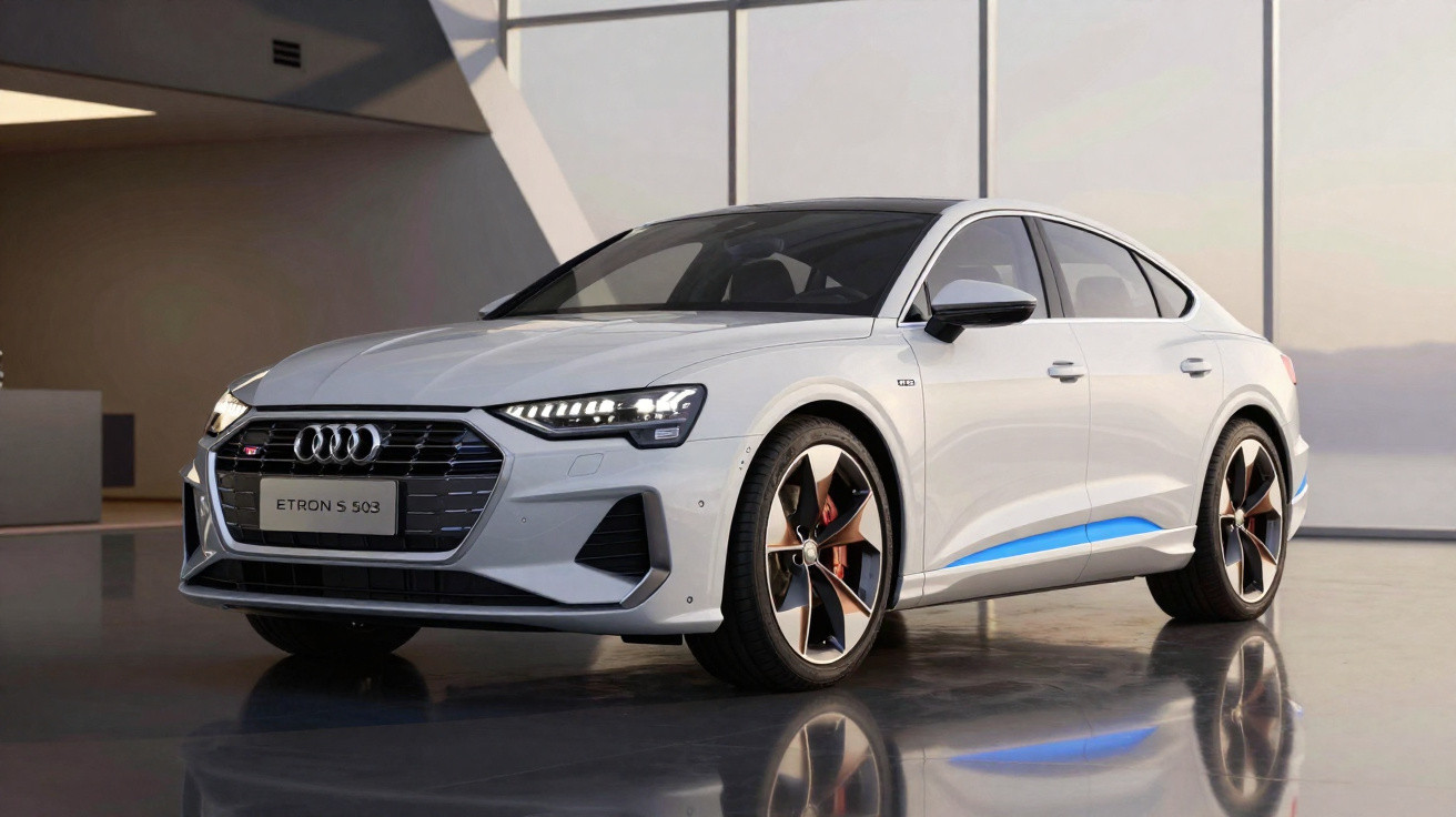 Weißer Audi e-tron S Sportback mit sportlichem Design in modernem Showroom mit Reflexion auf glänzendem Boden.