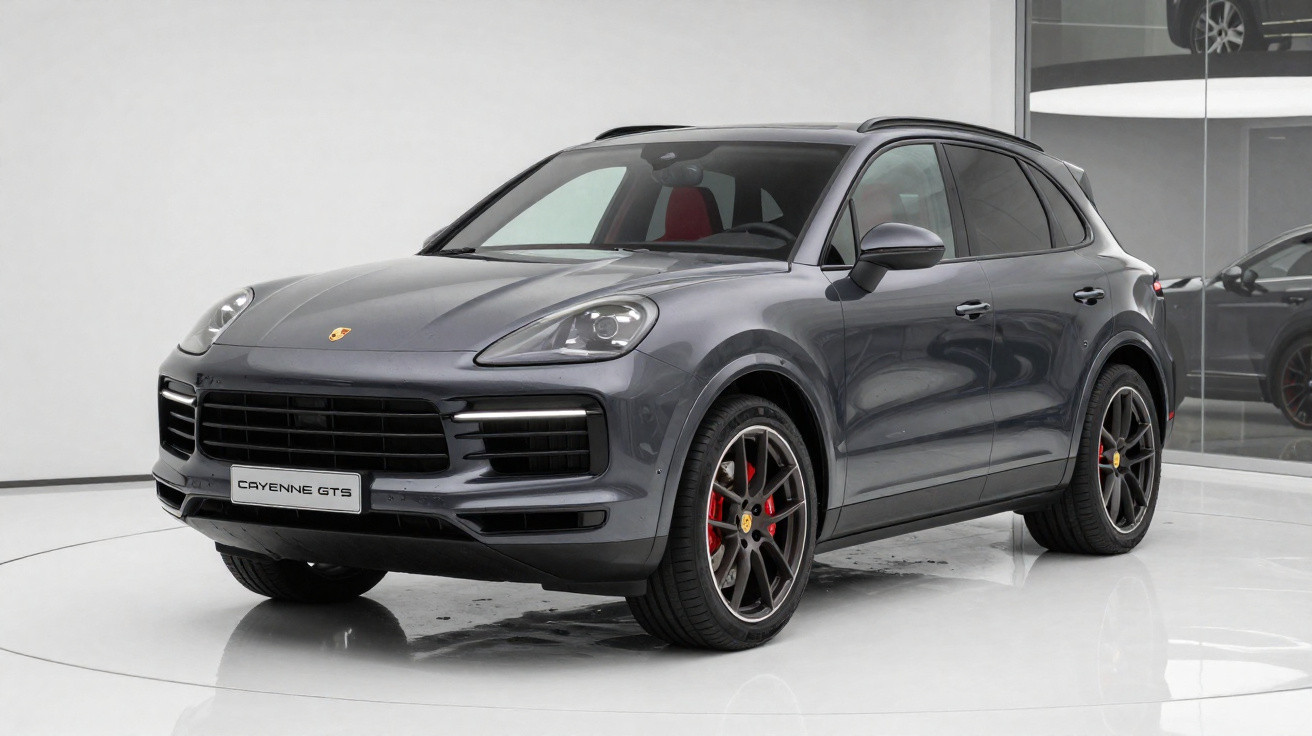 Grauer Porsche Cayenne GTS SUV steht in einem modernen, weißen Showroom.