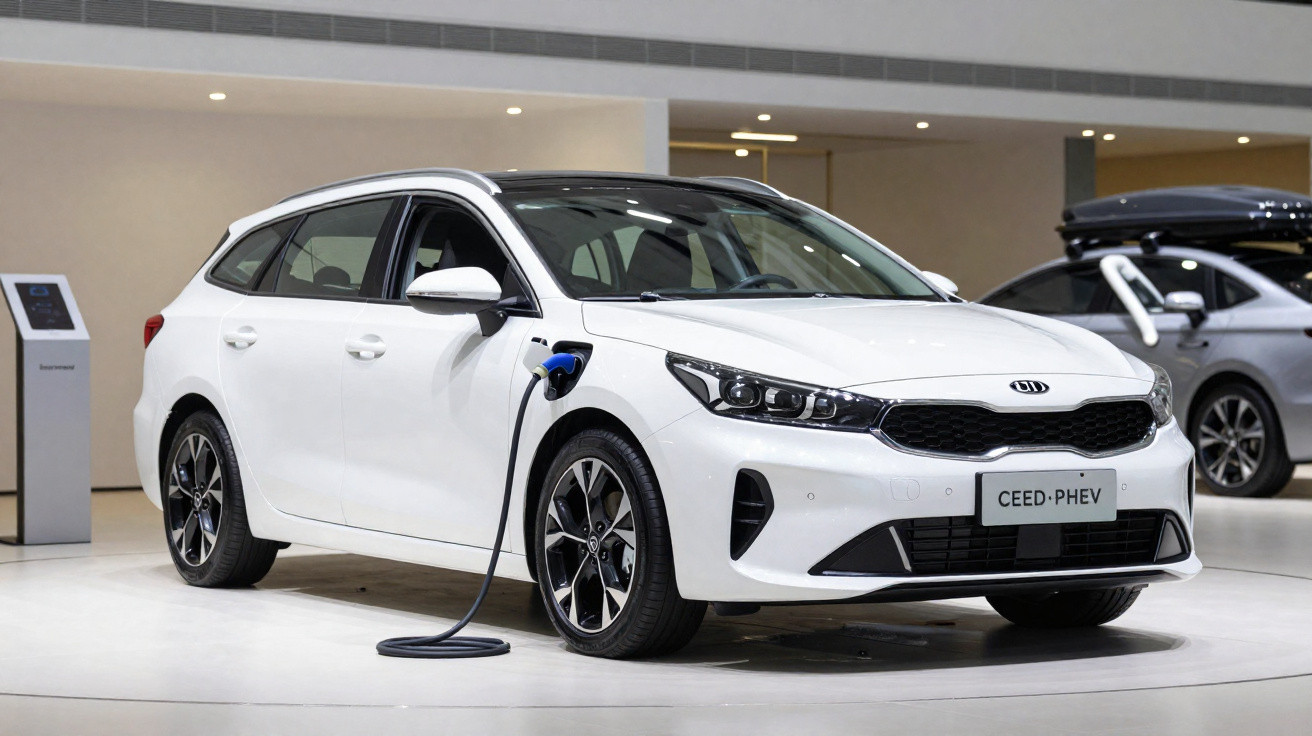 Weißer Kia Ceed PHEV Kombi wird an Ladestation in heller Ausstellung geladen.