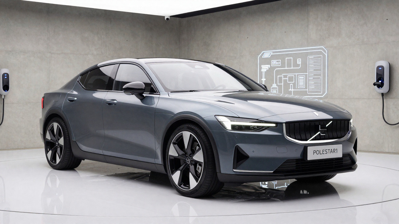 Graues Polestar 1 Elektroauto in modernem, minimalistischem Ausstellungsraum mit Ladestationen an der Wand.