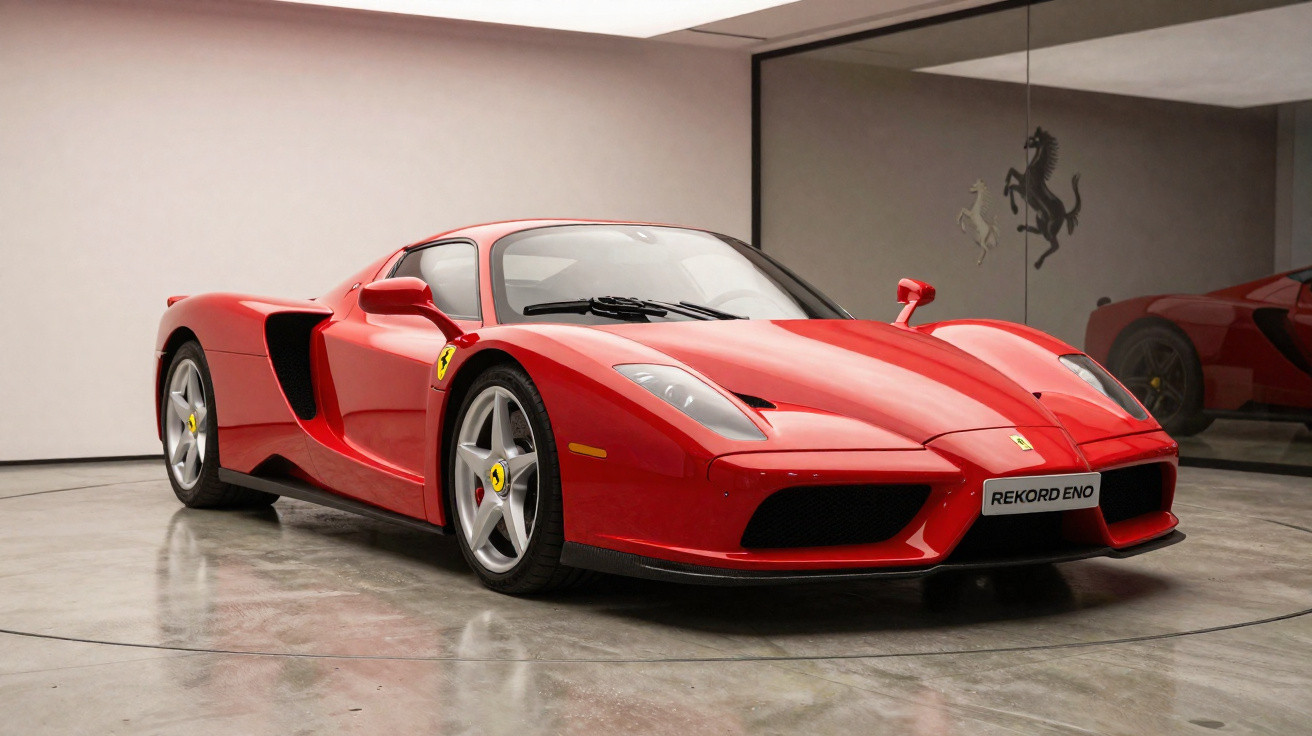 Roter Ferrari Supersportwagen in modernem Ausstellungsraum mit Glaswand und Pferde-Logo.