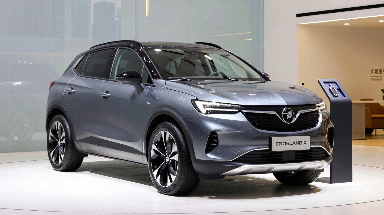 Grauer Opel Crossland X SUV mit schwarzem Dach auf Präsentationspodest in Ausstellungshalle.