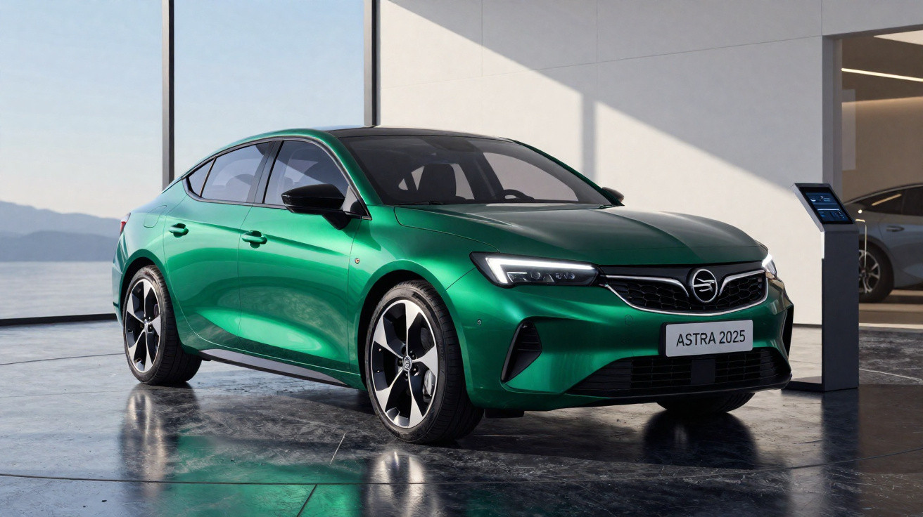 Grüner Opel Astra 2025 Limousine im modernen Showroom mit großen Fenstern und Bergblick.