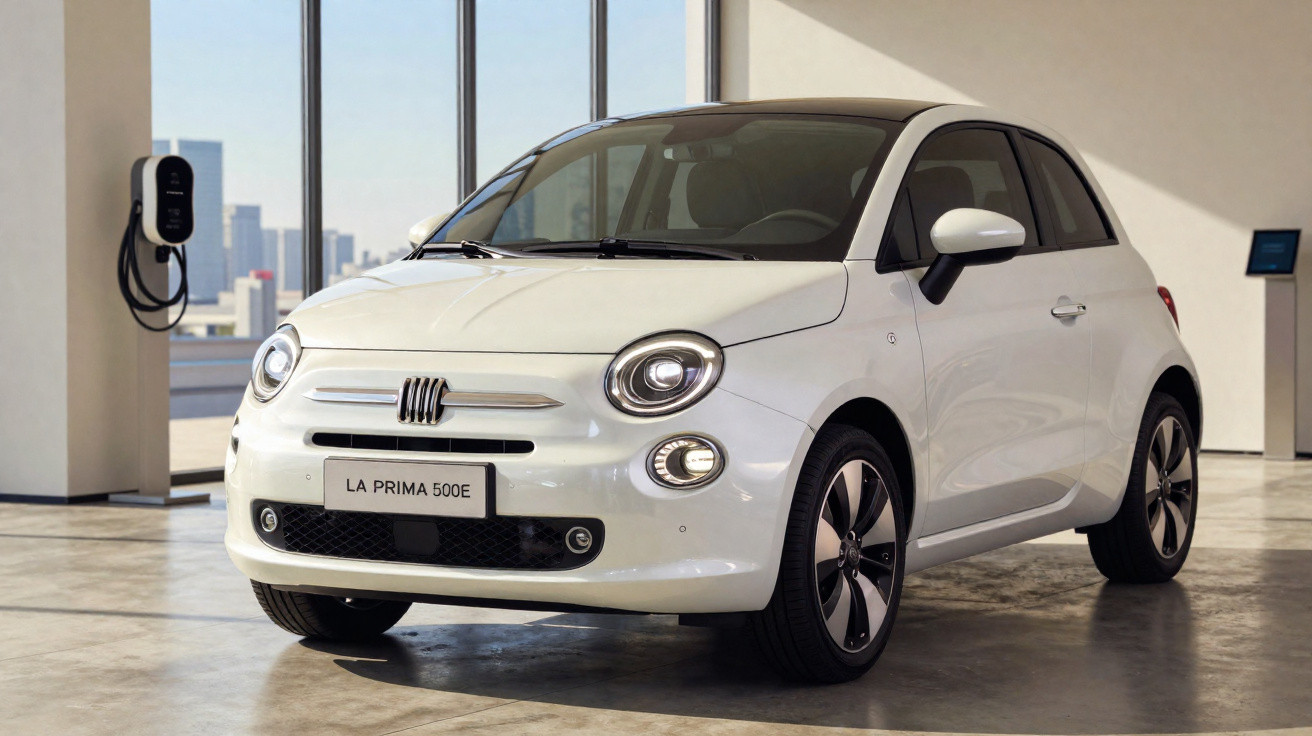 Weißer Fiat 500 Elektroauto La Prima 500E in modernem Showroom neben Ladestation.