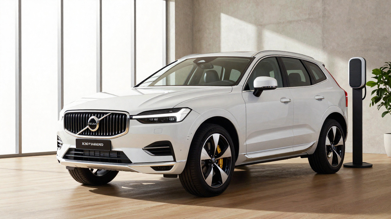 Weißer Volvo XC90 Plug-in-Hybrid SUV neben Ladestation in modernem Innenraum.