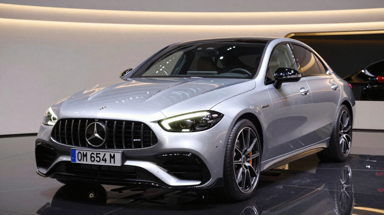 Silberner Mercedes-AMG Limousine mit LED-Scheinwerfern auf glänzendem Ausstellungspodest, Frontansicht schräg.