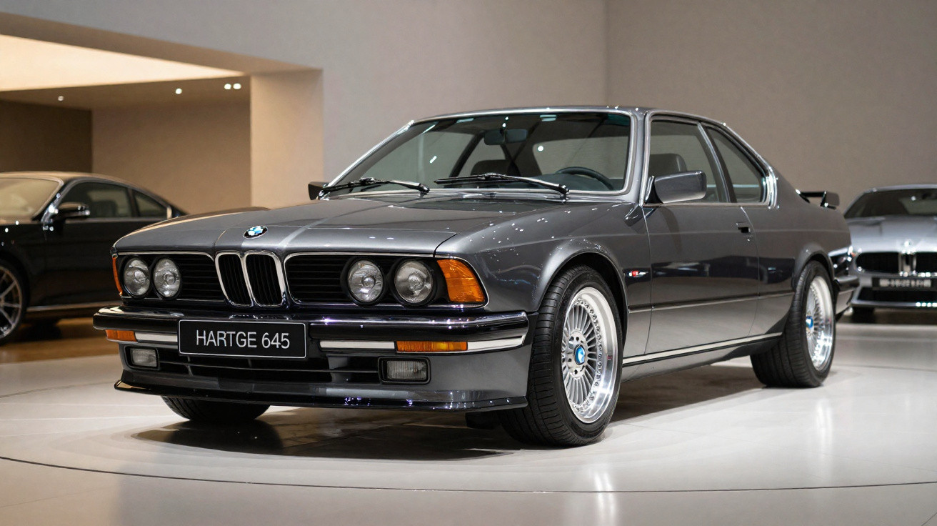 Grauer BMW Hartge 645 Oldtimer mit Rundscheinwerfern und Chromfelgen in einer Ausstellungshalle.