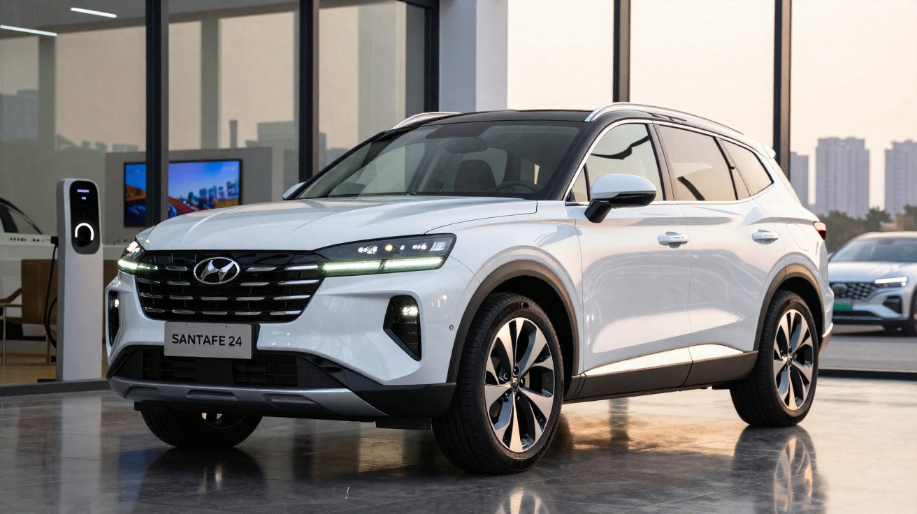 Weißer Hyundai Santa Fe 2024 SUV in moderner Autohalle mit großen Fenstern und Ladestation.