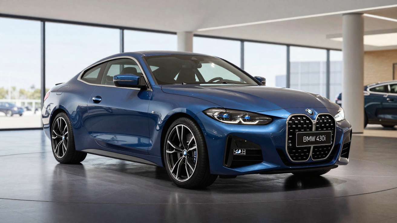 Blauer BMW 430i Coupé steht in modernem Showroom mit großen Fenstern und Säulen.