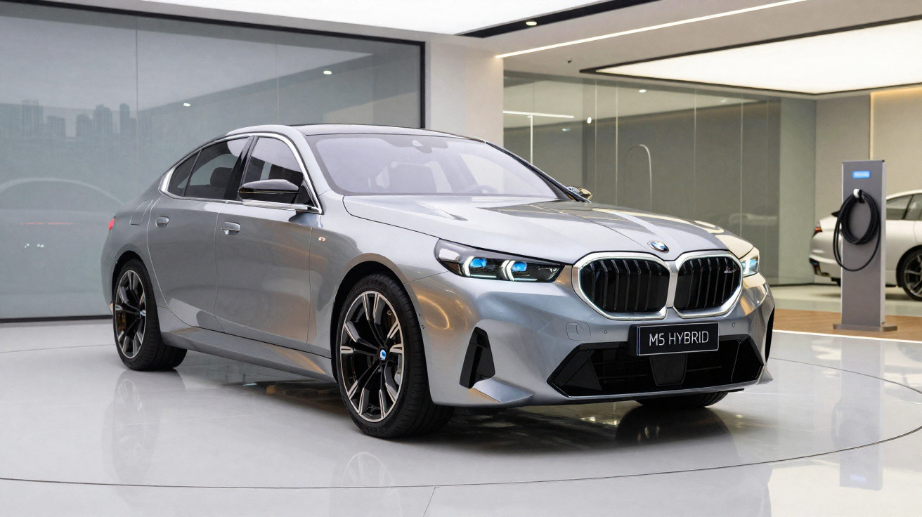 Silberner BMW M5 Hybrid in moderner Ausstellung mit Ladestation im Hintergrund.
