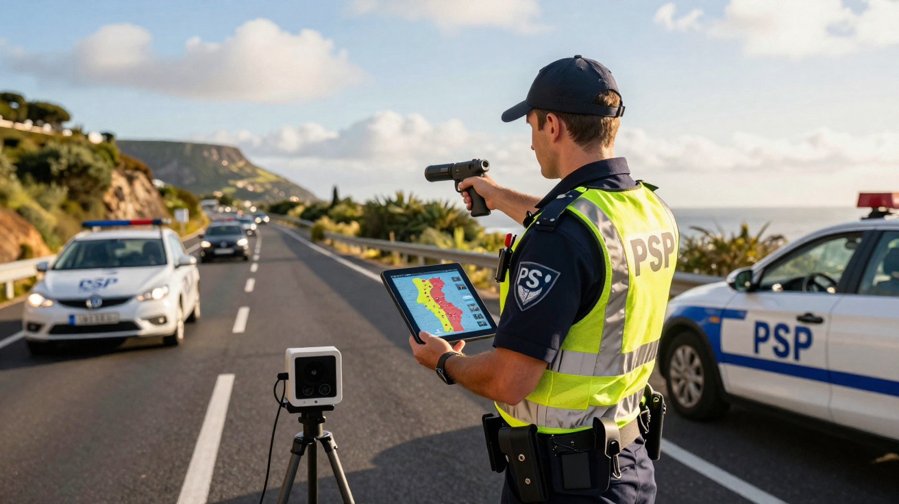 Polizist misst mit Radar die Geschwindigkeit von Fahrzeugen auf einer Küstenstraße bei Sonnenuntergang.