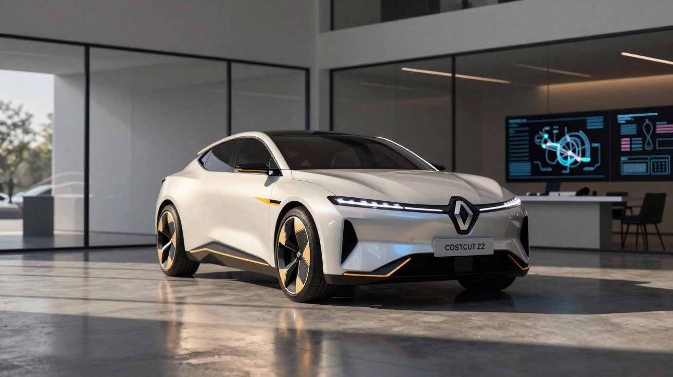 Weißer Renault Elektro-Sportwagen Costcut 22 in modernem Showroom mit digitaler Anzeige im Hintergrund.