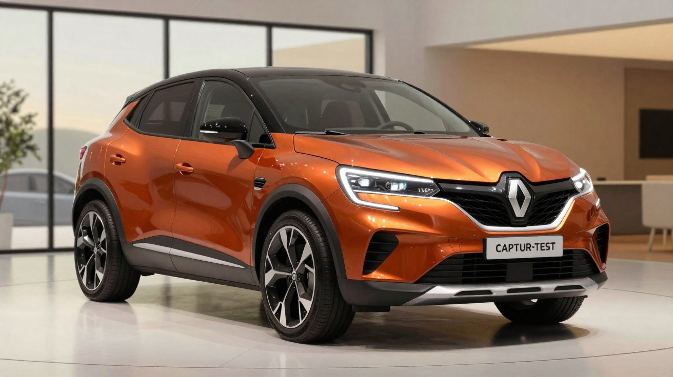 Oranger Renault Captur SUV mit schwarzen Akzenten in modernem Showroom, Frontansicht schräg von links