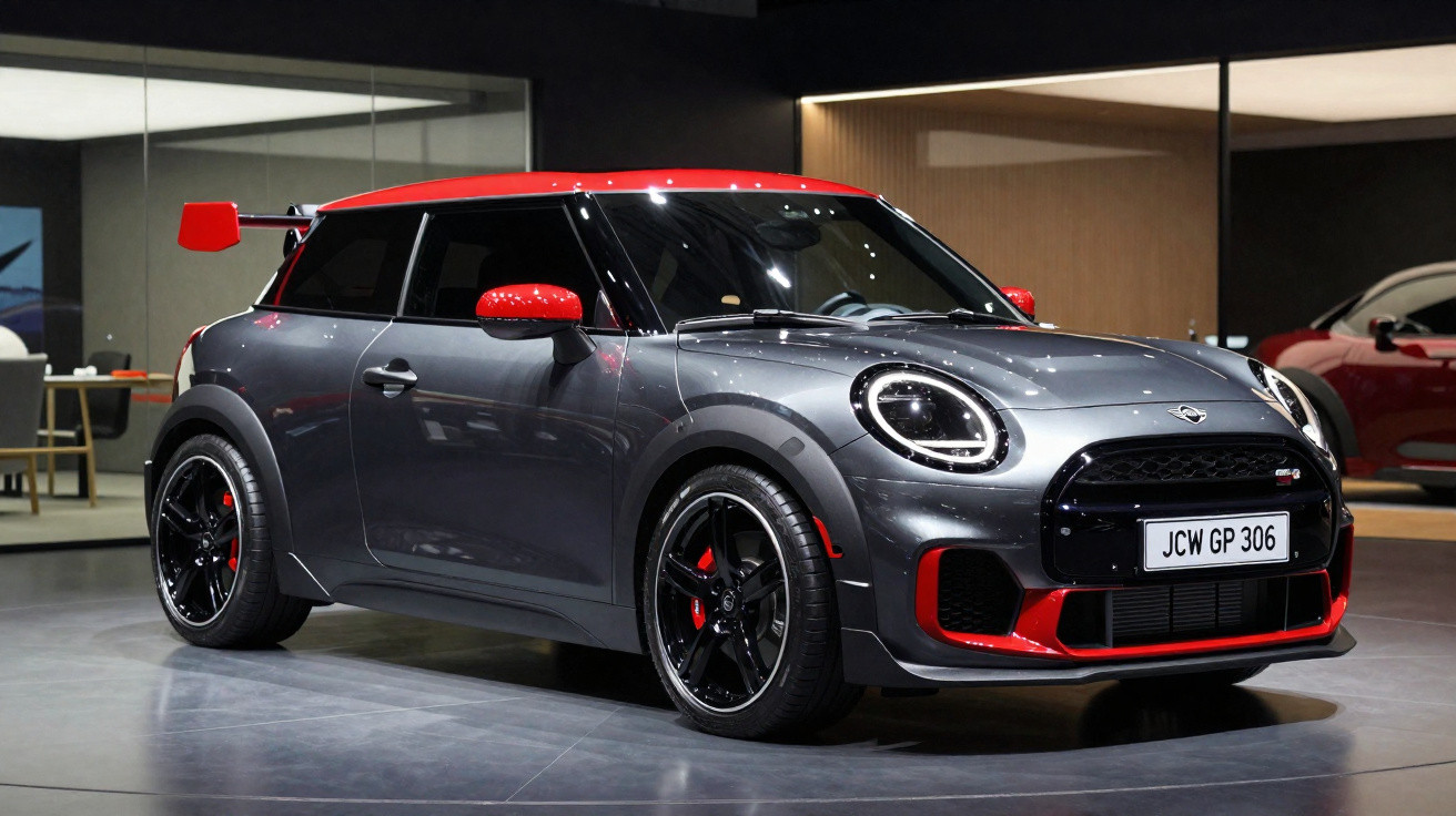 Grauer Mini Cooper mit rotem Dach und Akzenten, sportlich präsentiert in modernem Showroom.