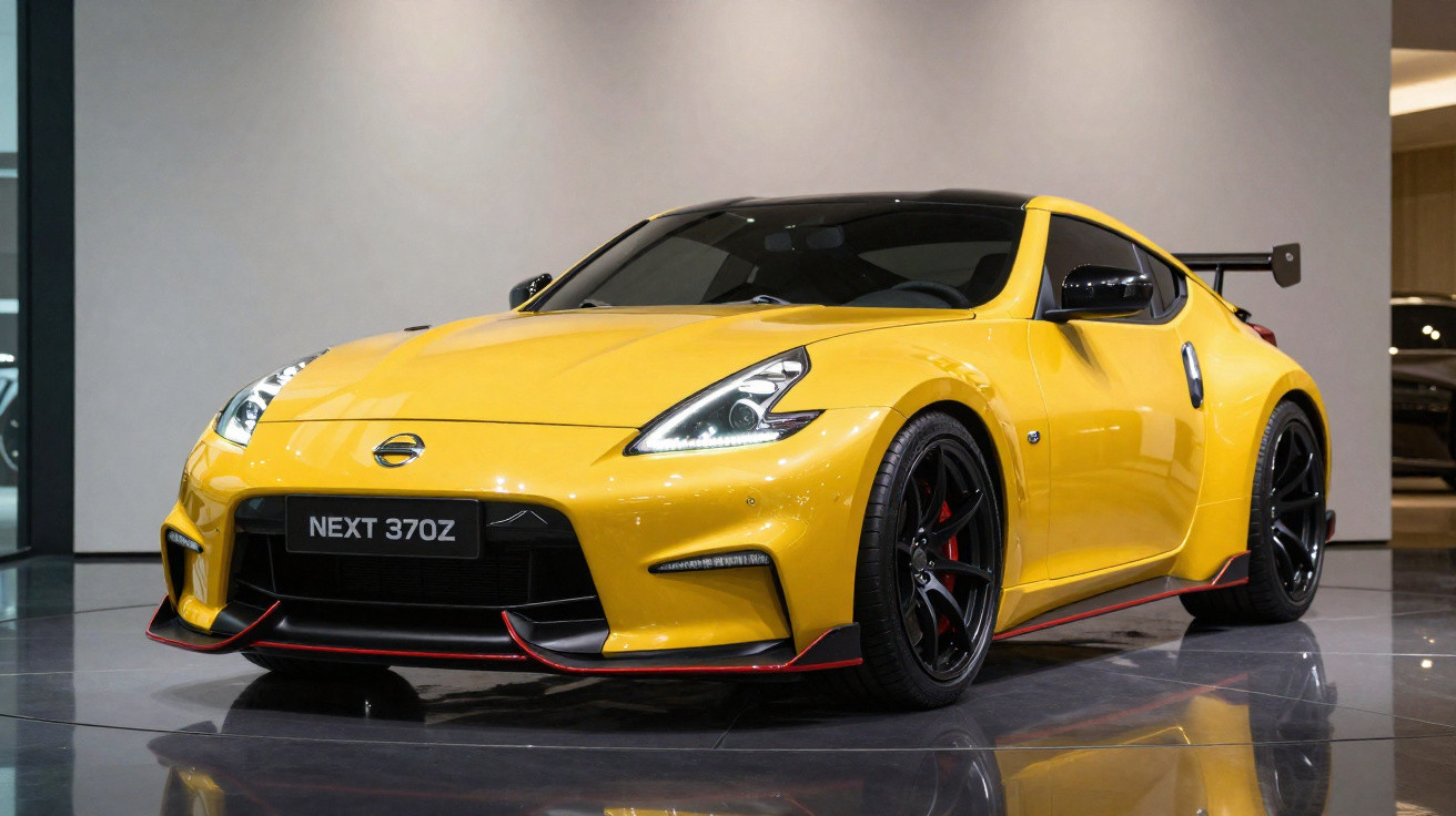 Gelber Nissan Next 370Z Sportwagen mit schwarzem Dach und Spoiler in einem Ausstellungsraum.