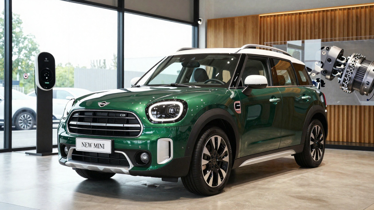 Grüner Mini Countryman Elektro-SUV im Showroom vor Ladestation und moderner Wanddekoration.