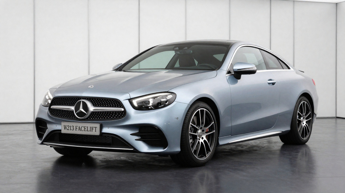 Silberner Mercedes-Benz Coupé W213 Facelift in modernem Showroom mit schwarzem Boden und weißer Wand.