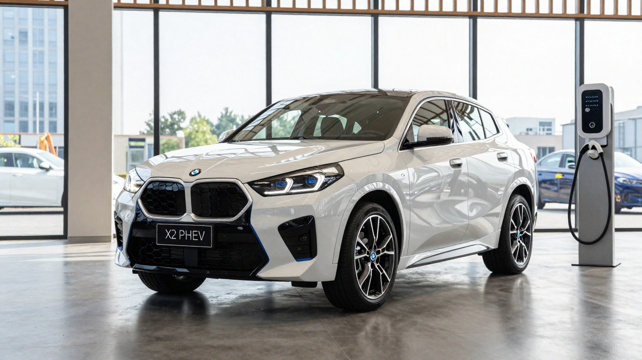 Weißer BMW X2 PHEV Elektro-SUV an Ladestation in modernem Showroom mit großen Fenstern.