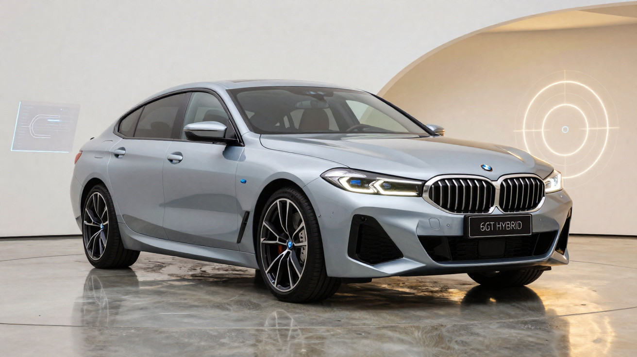 Silberner BMW 6GT Hybrid steht in moderner, minimalistischer Ausstellung mit LED-Lichtern an Wand und Boden.