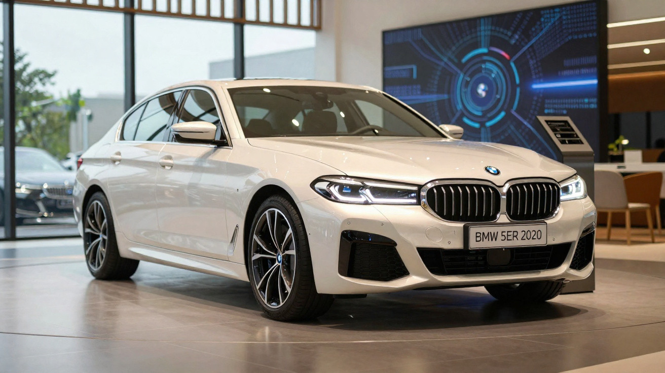 Weißer BMW 5er 2020 Limousine im Autohaus mit moderner digitaler Anzeige im Hintergrund.