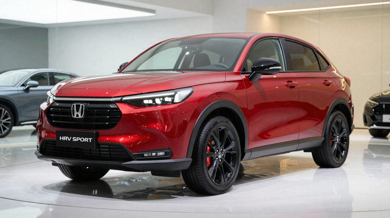 Roter Honda HRV Sport SUV mit schwarzem Kühlergrill und Felgen in einem hellen Ausstellungsraum.