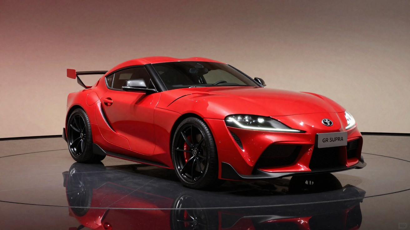 Roter Toyota GR Supra Sportwagen mit schwarzem Dach und Spoiler auf drehbarer Präsentationsbühne in Studiolicht.