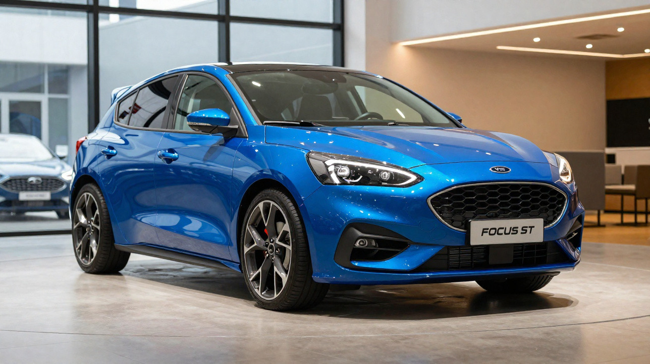 Blauer Ford Focus ST in einem modernen Autohaus mit großen Fenstern und stilvoller Innenbeleuchtung.