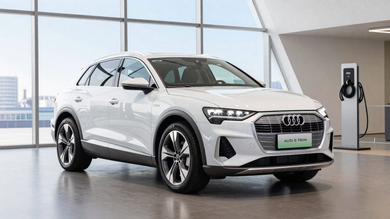 Weißer Audi e-tron Elektro-SUV in modernem Showroom mit Ladestation im Hintergrund.